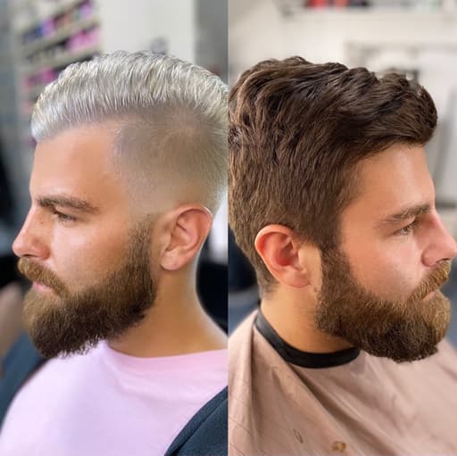 Úprava pánského účesu – blond styl před a po střihu.