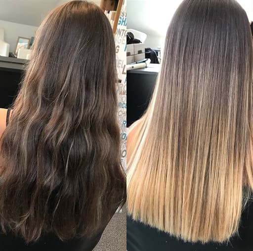 Přírodně hnědých vlnitých vlasů na hladké vlasy s ombré efektem v odstínech blond