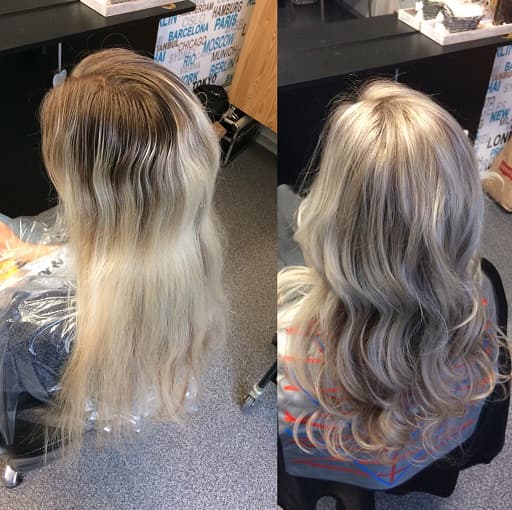 Proměna vlasů – dlouhé blond vlasy před a po melírování.
