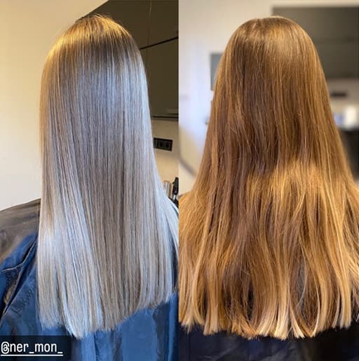 Platinová blond proměna vlasů před a po narovnání.