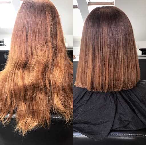 Přirozené hnědé vlasy před a po ošetření.