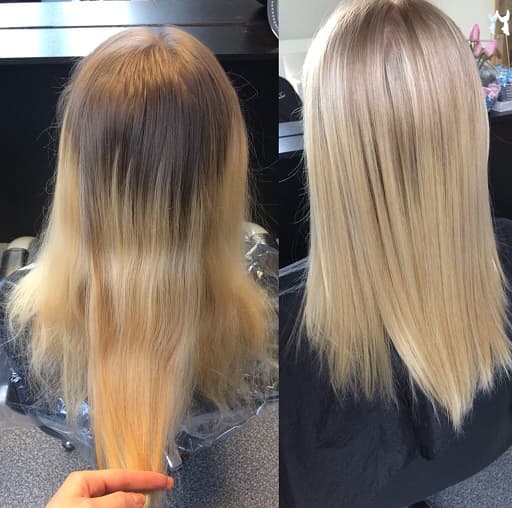 Světlé blond vlasy s leskem před a po stylingu.